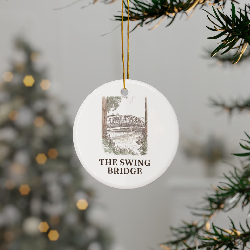 Swing Bridge ornament hanging on a Christmas tree