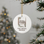 Swing Bridge ornament hanging on a Christmas tree