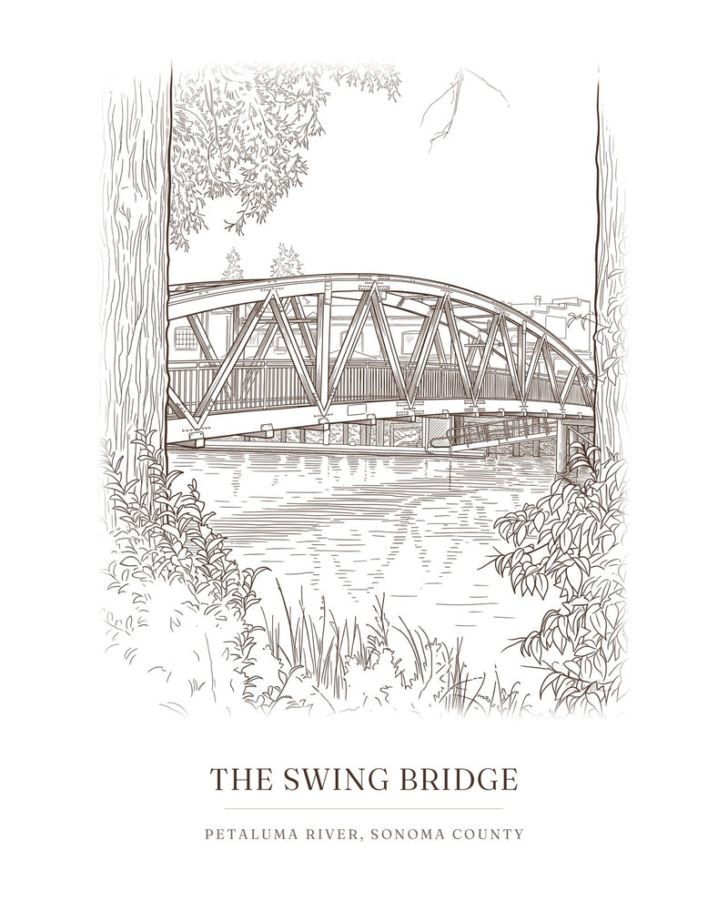 Ink drawing print of the swing bridge over the Petaluma River, Sonoma County, in brown ink with the place name below