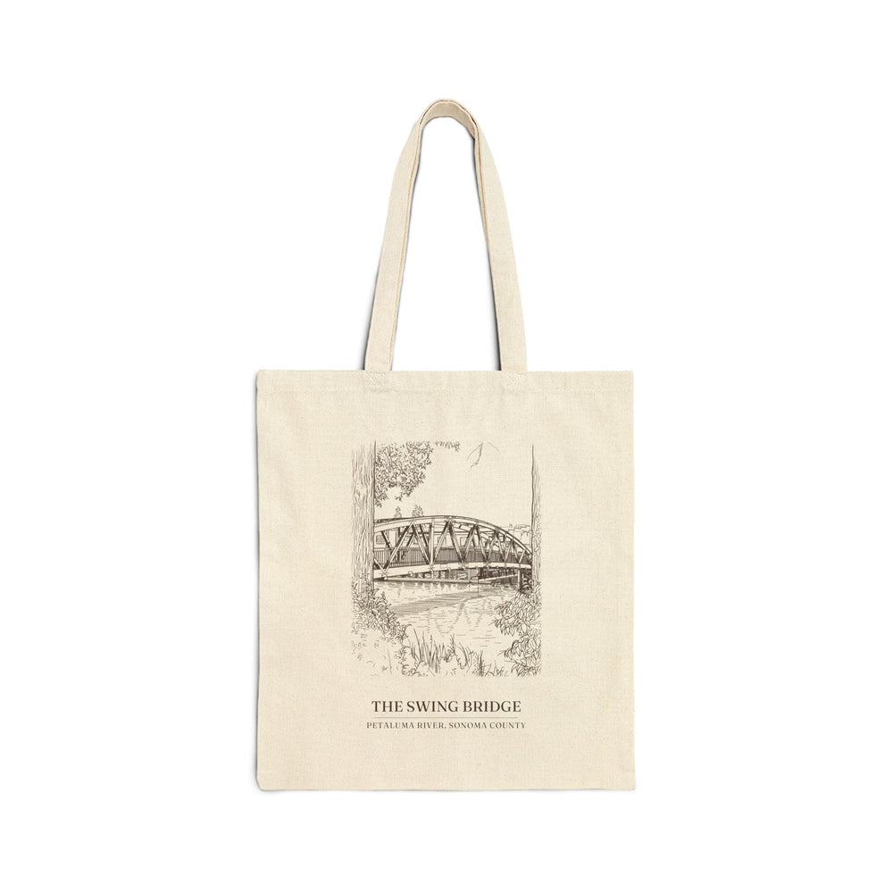 Natural cotton canvas tote bag with an ink drawing of the swing bridge over the Petaluma River in Petaluma