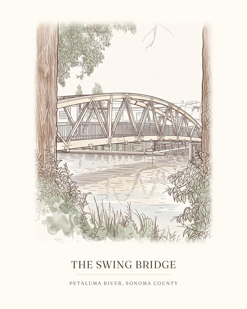 Watercolor art print of the swing bridge over the Petaluma River, with the place name below
