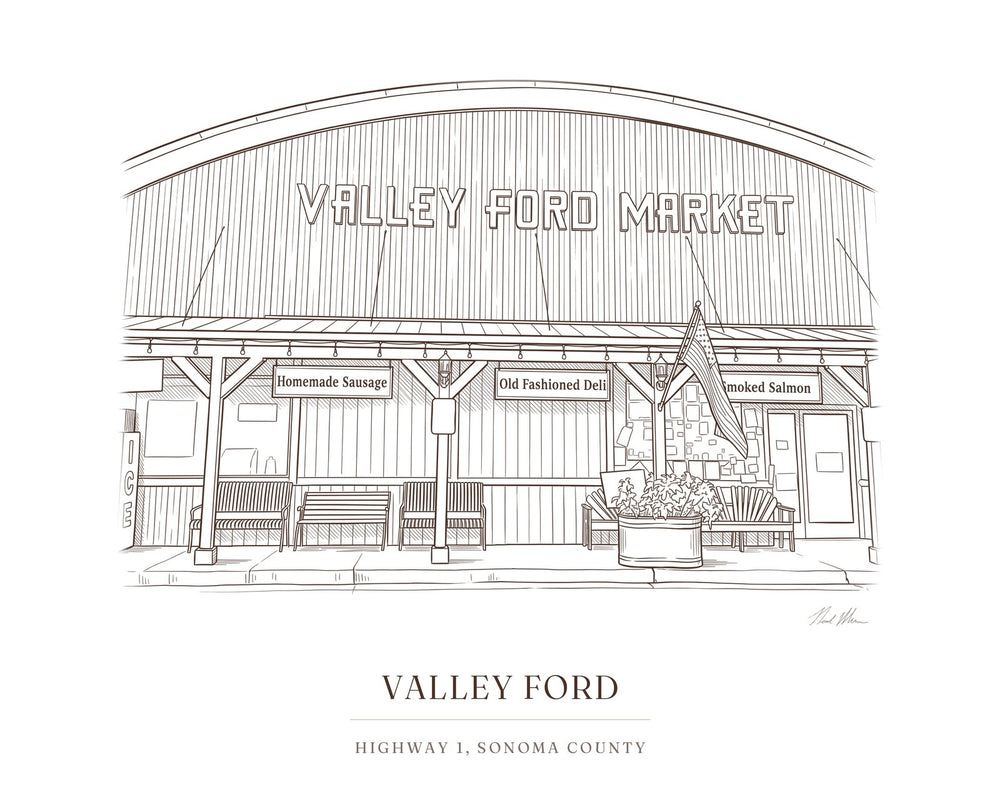 The ink drawing of the general store in Valley Ford that is engraved on this cutting board