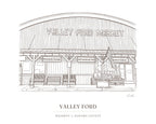 The ink drawing of the general store in Valley Ford that is engraved on this cutting board