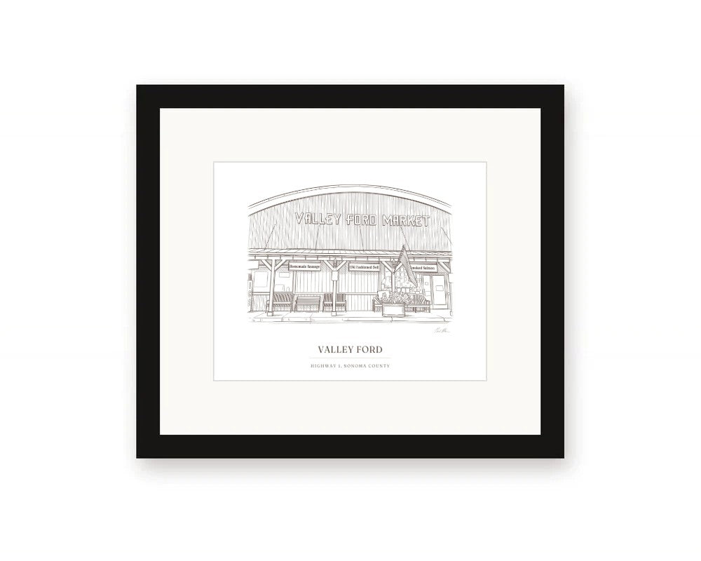 Framed ink drawing print of the general store on Highway 1 in Valley Ford, with a white mat in a black frame