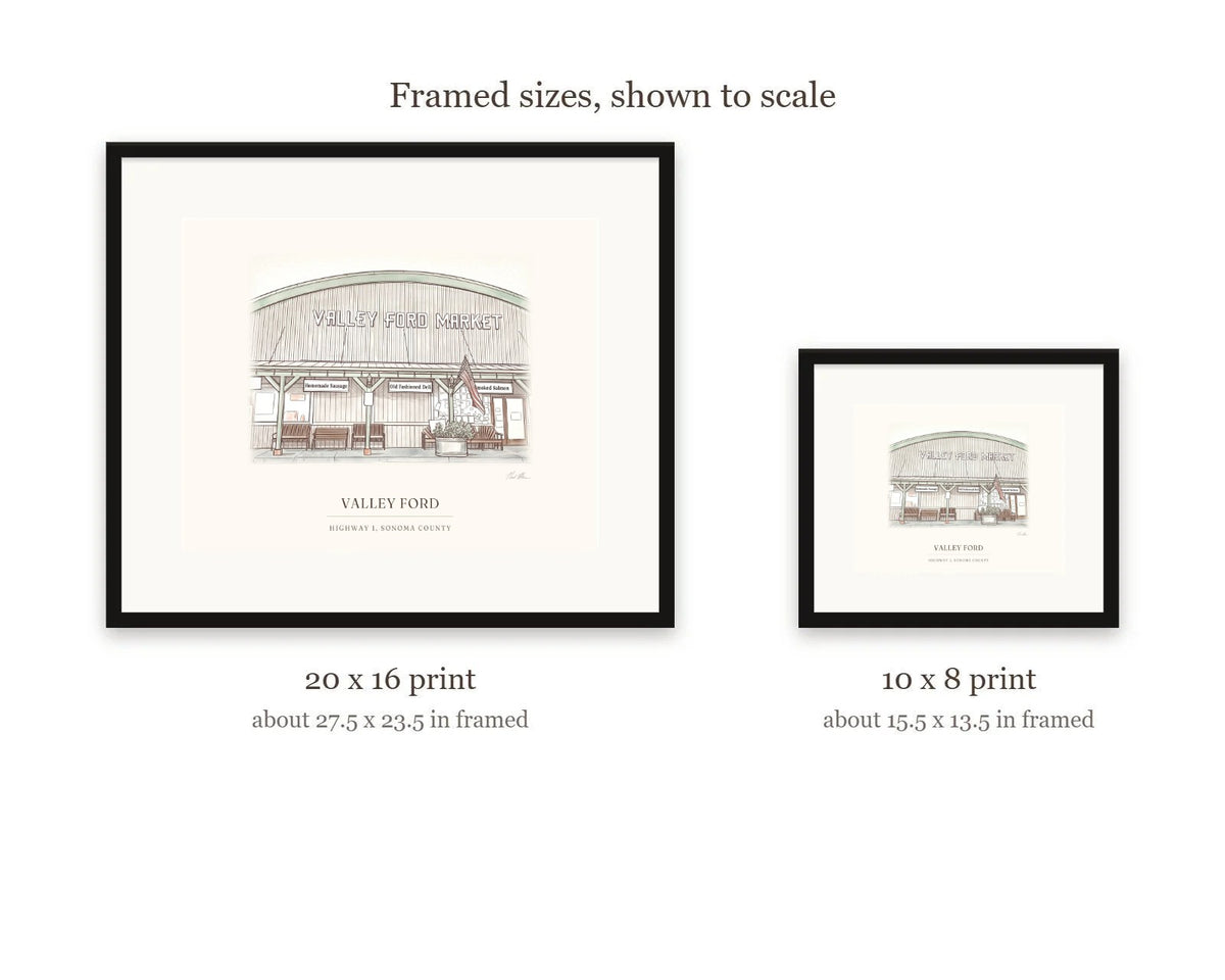 Size guide comparing the 20 x 16 and 10 x 8 framed watercolor prints of the Valley Ford general store to scale