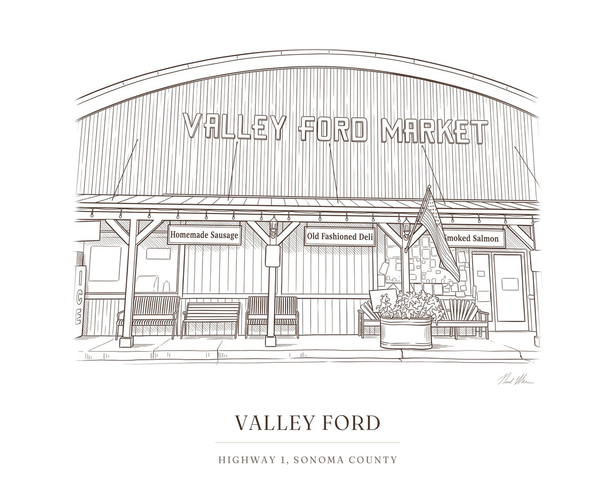 Ink drawing print of the general store on Highway 1 in Valley Ford, Sonoma County, with the hanging deli signs and the flag out front, in brown ink with the place name below
